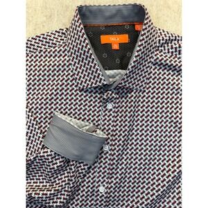 Tallia Dress Shirt Men XXL Red White Blue Geometric Long Sleeve Button Up